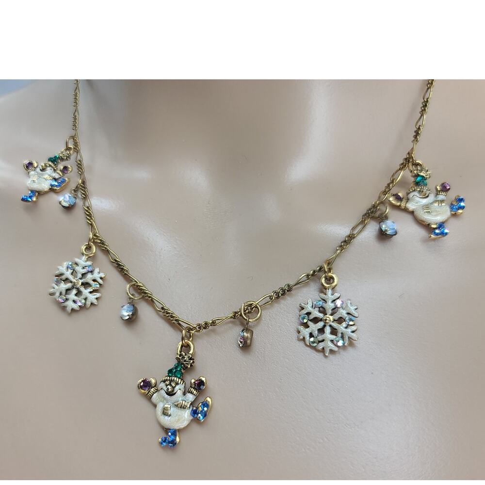Vintage Anne Koplik Snowman & Snowflake Charm Necklace Antique Gold Tone Chain - Picture 3 of 6